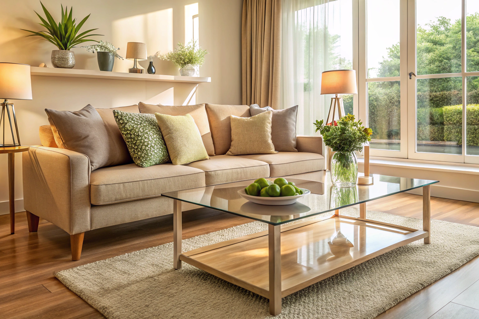 Ein sauberes, ordentliches Wohnzimmer mit einem beigen Sofa, einem gläsernen Couchtisch und dekorativen Kissen, beleuchtet durch sanftes Tageslicht