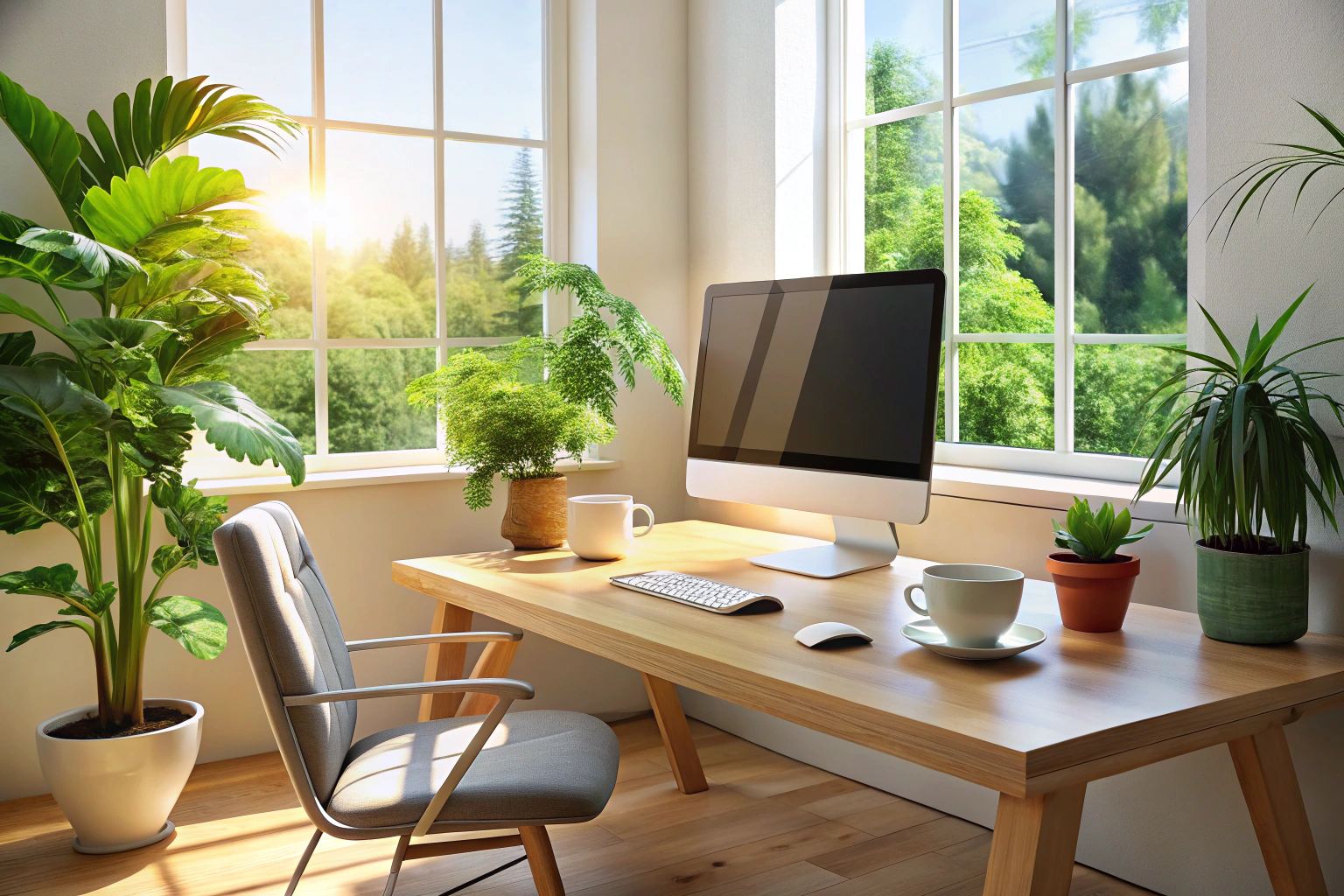 Ein ruhiger, heller Raum mit einem leeren Schreibtisch, auf dem ein moderner Computer und eine Tasse Kaffee stehen, umgeben von Pflanzen und natürlichem Licht, ohne erkennbare Markierungen oder Texte